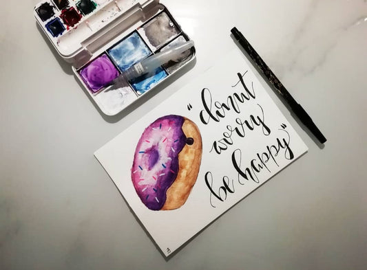 Aquarellillustration "Donut mit Handlettering- Motivationsspruch"