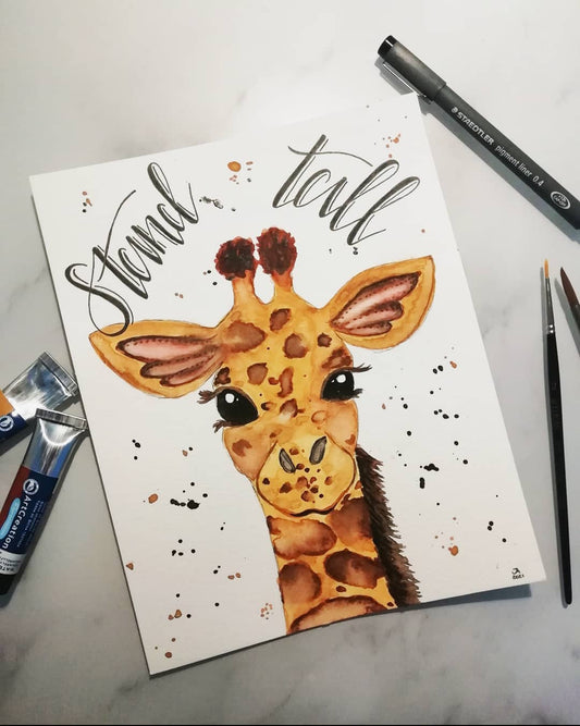 Aquarellillustration "Giraffe mit motivierendem Spruch in handlettering- Optik"