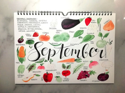 Handgemalter Gemüse und Obst Saisonkalender in Aquarelloptik mit Handlettering