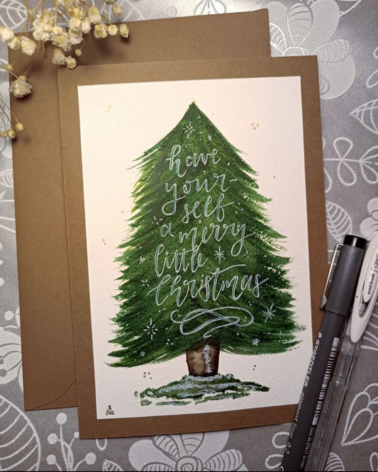 Handgefertigte Weihnachtskarte mit Tannenbaumillustration und Handlettering inkl. Kuvert